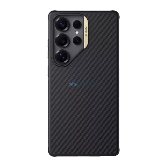 HUSĂ! - NILLKIN SYNTHETIC FIBER PRO plastic telefon protector (aramid acoperite, perna de aer călcâi, model de carbon, MagSafe) BLACK/GOLD Samsung Galaxy S25 Ultra (SM-S938)