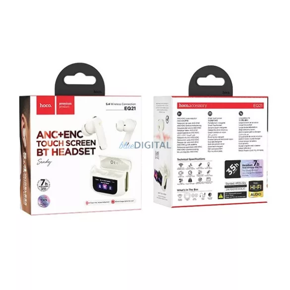 Căști bluetooth HOCO EQ21 STAREO (v5.4, TWS, microfon, anulare activă a zgomotului, ecran tactil + încărcător) ALB