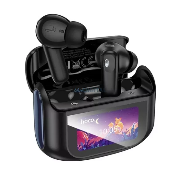 Căști bluetooth HOCO EQ21 STAREO (v5.4, TWS, microfon, anulare activă a zgomotului, ecran tactil + încărcător) NEGRU