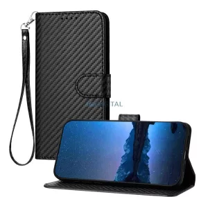 HUSĂ! - Carcasă permanentă, efect piele (FLIP, deschidere laterală, rezistență la impact, toc cu pernă de aer, model carbon + curea de mână) BLACK Honor 400