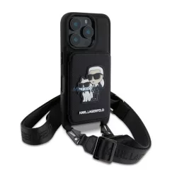   HUSĂ! - KARL LAGERFELD SAFFIANO CROSSBODY STRAP silicon telefon protector (rezistent la șocuri, curea de gât, titular de card) BLACK Apple iPhone 16 Pro