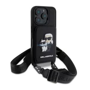 HUSĂ! - KARL LAGERFELD SAFFIANO CROSSBODY STRAP silicon telefon protector (rezistent la șocuri, curea de gât, titular de card) BLACK Apple iPhone 16 Pro