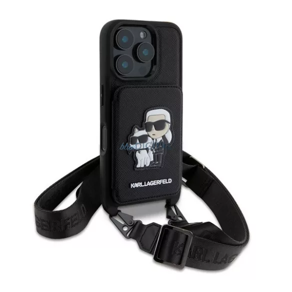 HUSĂ! - KARL LAGERFELD SAFFIANO CROSSBODY STRAP silicon telefon protector (rezistent la șocuri, curea de gât, titular de card) BLACK Apple iPhone 16 Pro