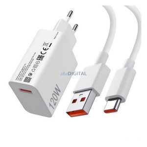 XIAOMI MDY-16-EN încărcător de rețea priză USB (120W, încărcător rapid PD + cablu Type-C) ALB