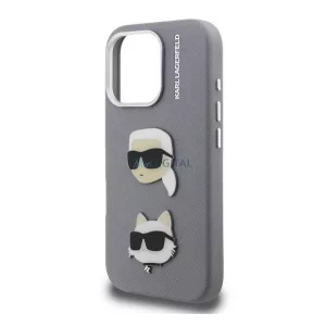 HUSĂ! - KARL LAGERFELD GRAINED PU K&CH HEADS silicon protector de telefon (rezistent la șocuri, efect de piele spate, 3D) LIGHT GREY Apple iPhone 16 Pro