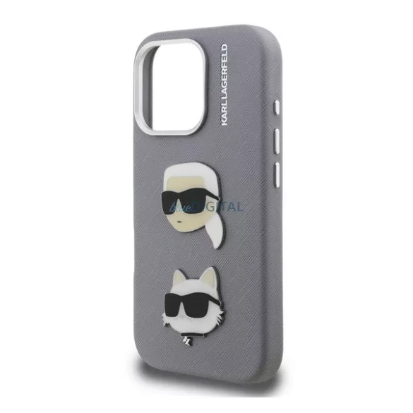 HUSĂ! - KARL LAGERFELD GRAINED PU K&CH HEADS silicon protector de telefon (rezistent la șocuri, efect de piele spate, 3D) LIGHT GREY Apple iPhone 16 Pro