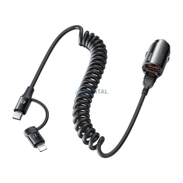 REMAX RUICHY încărcător auto priză USB (45W, încărcător rapid PD + bobină fixă Type-C - cablu Lightning) NEGRU