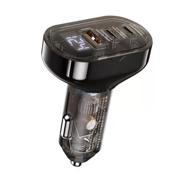 REMAX CYBO încărcător auto 2 prize USB+Type-C (72W, încărcător rapid PD, afișaj LED, transparent) NEGRU
