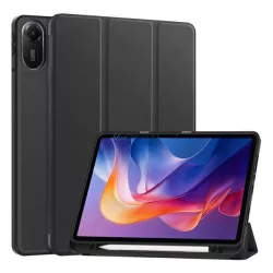   Caz permanent, efect de piele (FLIP activ, deschidere laterală, TRIFOLD, desktop, suport pentru creioane) BLACK Xiaomi Redmi Pad 2