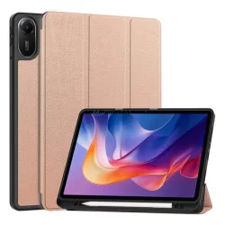   Carcasă în picioare, efect de piele (FLIP activ, deschidere laterală, TRIFOLD, desktop, suport pentru creioane) GOLDEN Xiaomi Redmi Pad 2