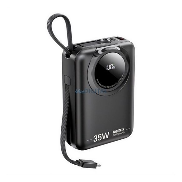 REMAX SCUBA încărcător de urgență Type-C + priză fulger (20000mAh, 35W, încărcător rapid PD, afișaj LED + cablu fix Type-C) NEGRU