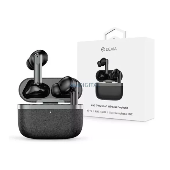DEVIA ULTRA1 căști bluetooth STAREO (v5.4, TWS, microfon, anulare activă a zgomotului, efect piele + încărcător) NEGRU