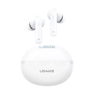 USAMS ECHO E02 căști bluetooth STAREO (v5.3, TWS, anulare activă a zgomotului + încărcător) ALB