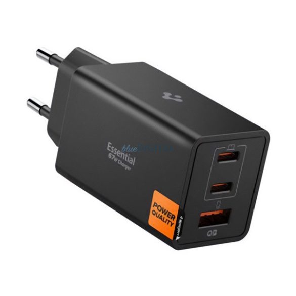 SPIGEN ESSENTIAL Încărcător de curent alternativ USB+2 cu mufă Type-C (67W, GaN, încărcător rapid PD 3.0) NEGRU