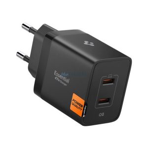 Încărcător de rețea SPIGEN ESSENTIAL 2 prize USB (47W, GaN, PD fast charger 3.0) NEGRU