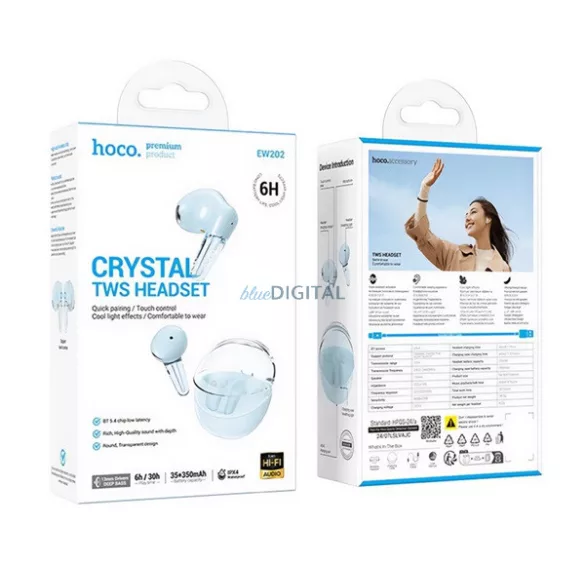 HOCO EW202 cască bluetooth STAREO (v5.4, TWS, microfon + încărcător) LIGHT BLUE