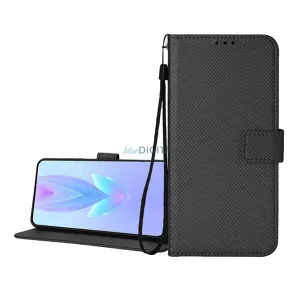 HUSĂ! - Carcasă permanentă cu efect de piele (FLIP, deschidere laterală, suport desktop, diamant + curea de încheietură) BLACK Xiaomi Poco F7 Ultra, Poco F7 Pro