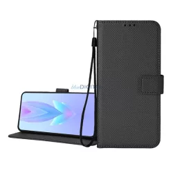   HUSĂ! - Carcasă permanentă cu efect de piele (FLIP, deschidere laterală, suport de birou, diamant + curea de încheietură) BLACK Xiaomi Poco F7