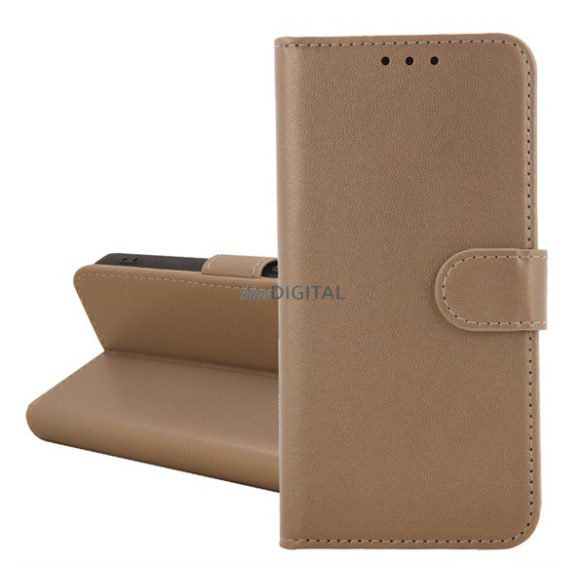 Carcasă Standing, efect piele (FLIP, deschidere laterală, buzunar pentru carduri, suport desktop) GOLD Samsung Galaxy A17 5G (SM-A176)