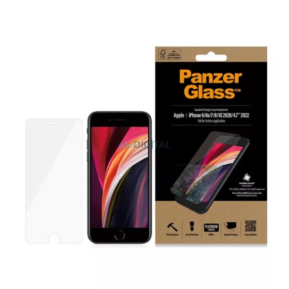 PANZERGLASS STANDARD FIT ANTIBACTERIAL ecran protector de sticlă (rezistent la zgârieturi, antibacterian) pentru Apple iPhone SE 2 (2020), iPhone SE (2016), iPhone 7 4.7