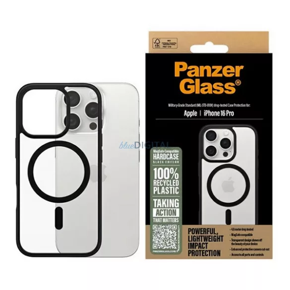 HUSĂ! - PANZERGLASS HARDCASE silicon telefon protector (rezistent la șocuri, protecția camerei, antibacterian, MagSafe) BLACK Apple iPhone 16 Pro