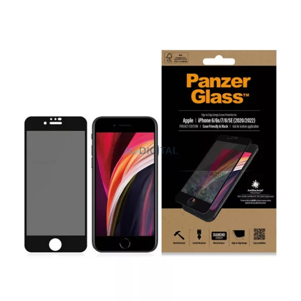 PANZERGLASS EDGE-TO-EDGE ANTIBACTERIAL PRIVACY ecran protector de sticlă (antibacterian, anti-orbire) BLACK Apple iPhone SE 2 (2020), iPhone SE (2016), iPhone 8 4.7