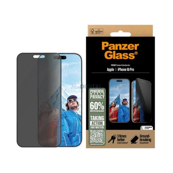 PANZERGLASS PRIVACY ULTRA-WIDE FIT ecran protector de sticlă (3D, vedere de protecție + bezel) BLACK Apple iPhone 16 Pro