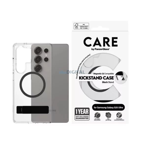 HUSĂ! - PANZERGLASS CARE KICKSTAND CASE silicon protector de telefon (rezistent la șocuri, protector de cameră, magnetic, wireless, kickstand) BLACK Samsung Galaxy S25 Ultra (SM-S938)