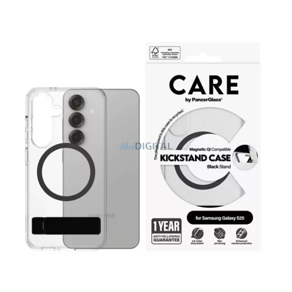 HUSĂ! - PANZERGLASS CARE KICKSTAND CASE silicon telefon protector (rezistent la șocuri, aparat de fotografiat protector, magnetic, wireless, kickstand) BLACK Samsung Galaxy S25 (SM-S931)