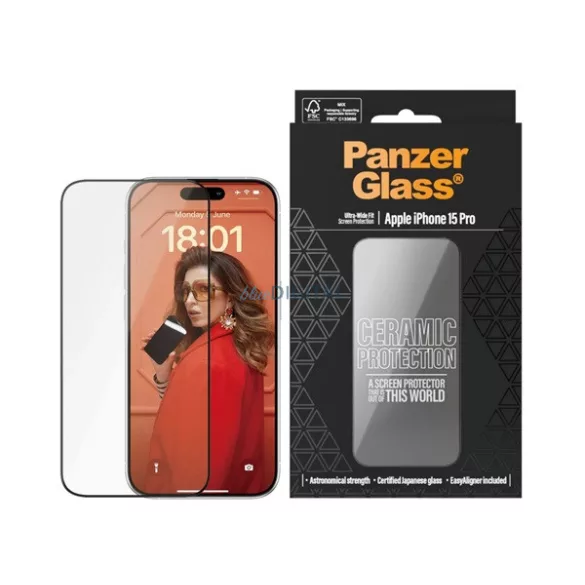 PANZERGLASS CERAMIC PROTECTION ULTRA-WIDE FIT ecran protector de sticlă (3D, ceramică + cadru de sprijin) BLACK Apple iPhone 15 Pro