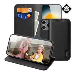   HUSĂ! - DUX DUCIS HIVO Case Standing, piele naturală (FLIP, deschidere laterală, desktop, buzunar pentru carduri, RFID) BLACK Apple iPhone 17 Pro