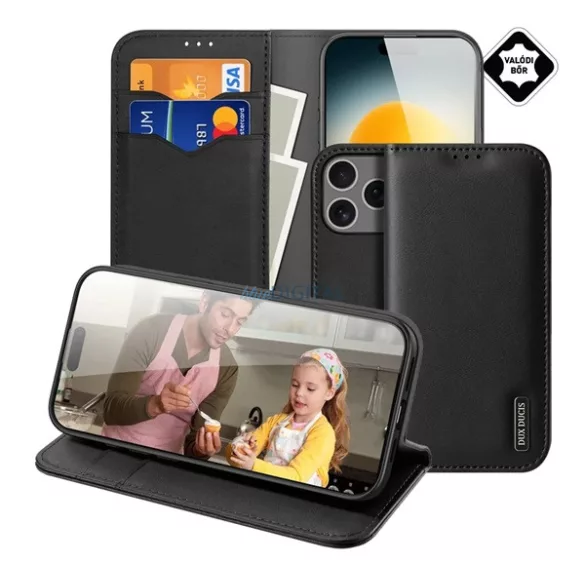 HUSĂ! - DUX DUCIS HIVO Case Standing, piele naturală (FLIP, deschidere laterală, desktop, buzunar pentru carduri, RFID) BLACK Apple iPhone 17 Pro