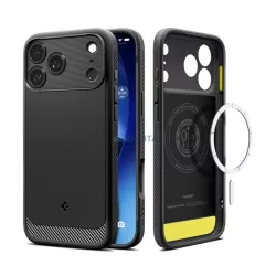   HUSĂ! - SPIGEN RUGGED ARMOR silicon telefon protector (rezistent la șocuri, bubble heel, model de carbon, MagSafe) BLACK Apple iPhone 17 Pro Max