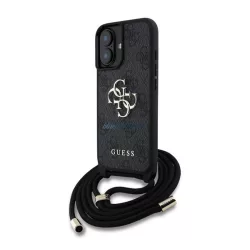   HUSĂ! - GUESS PU 4G METAL LOGO CROSSBODY STRAP plastic protector de telefon (rezistent la șocuri, efect de piele spate + curea de umăr) BLACK Apple iPhone 16