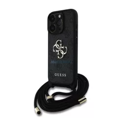   HUSĂ! - GUESS PU 4G METAL LOGO CROSSBODY STRAP plastic protector de telefon (rezistent la șocuri, efect de piele spate + curea de umăr) BLACK Apple iPhone 16 Pro
