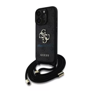 HUSĂ! - GUESS PU 4G METAL LOGO CROSSBODY STRAP plastic protector de telefon (rezistent la șocuri, efect de piele spate + curea de umăr) BLACK Apple iPhone 16 Pro