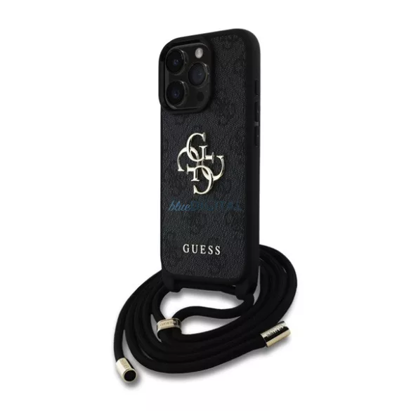 HUSĂ! - GUESS PU 4G METAL LOGO CROSSBODY STRAP plastic protector de telefon (rezistent la șocuri, efect de piele spate + curea de umăr) BLACK Apple iPhone 16 Pro
