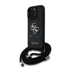   HUSĂ! - GUESS PU 4G METAL LOGO CROSSBODY STRAP plastic protector de telefon (rezistent la șocuri, efect de piele spate + curea de umăr) BLACK Apple iPhone 15 Pro