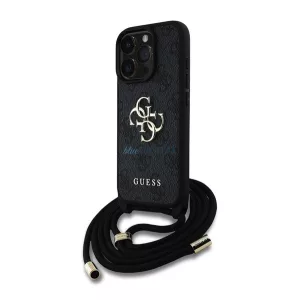 HUSĂ! - GUESS PU 4G METAL LOGO CROSSBODY STRAP plastic protector de telefon (rezistent la șocuri, efect de piele spate + curea de umăr) BLACK Apple iPhone 15 Pro