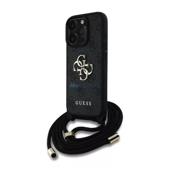 HUSĂ! - GUESS PU 4G METAL LOGO CROSSBODY STRAP plastic protector de telefon (rezistent la șocuri, efect de piele spate + curea de umăr) BLACK Apple iPhone 15 Pro