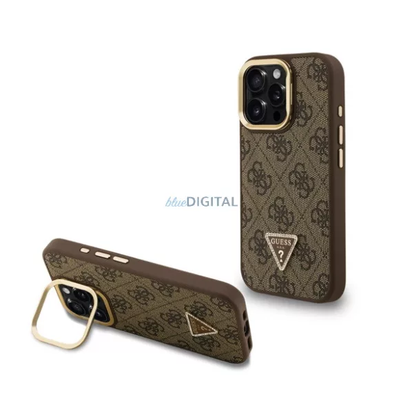 HUSĂ! - GUESS PU 4G STRASS TRIANGLE LOGO STAND plastic protector de telefon (rezistent la șocuri, efect de piele spate, kickstand) BARNA Apple iPhone 15 Pro