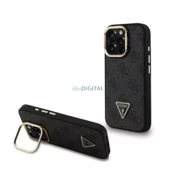   HUSĂ! - GUESS PU 4G STRASS TRIANGLE LOGO STAND plastic protector de telefon (rezistent la șocuri, efect de piele spate, kickstand) BLACK Apple iPhone 16 Pro
