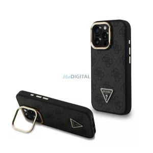 HUSĂ! - GUESS PU 4G STRASS TRIANGLE LOGO STAND plastic protector de telefon (rezistent la șocuri, efect de piele spate, kickstand) BLACK Apple iPhone 15 Pro