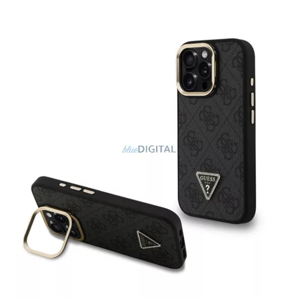 HUSĂ! - GUESS PU 4G STRASS TRIANGLE LOGO STAND plastic protector de telefon (rezistent la șocuri, efect de piele spate, kickstand) BLACK Apple iPhone 15 Pro