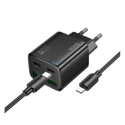   HOCO N55 Încărcător AC 2 USB+2 prize Type-C (20W, GaN, PD fast charger 3.0 + cablu Lightning) NEGRU