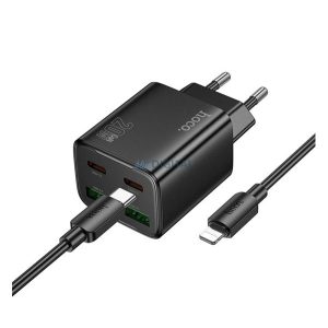 HOCO N55 Încărcător AC 2 USB+2 prize Type-C (20W, GaN, PD fast charger 3.0 + cablu Lightning) NEGRU