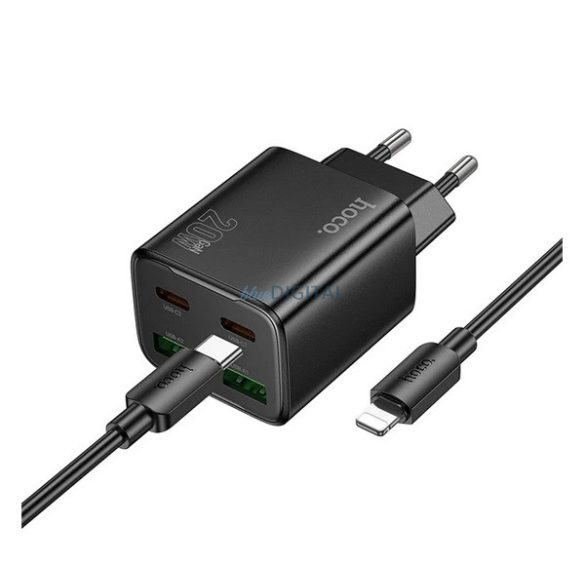 HOCO N55 Încărcător AC 2 USB+2 prize Type-C (20W, GaN, PD fast charger 3.0 + cablu Lightning) NEGRU
