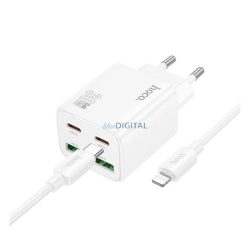   HOCO N56 încărcător de rețea 2 USB+2 prize Type-C (30W, GaN, PD încărcător rapid 3.0 + cablu Lightning) ALB