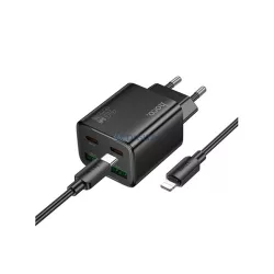   HOCO N56 încărcător de energie 2 USB+2 prize Type-C (30W, GaN, PD încărcător rapid 3.0 + cablu Lightning) NEGRU