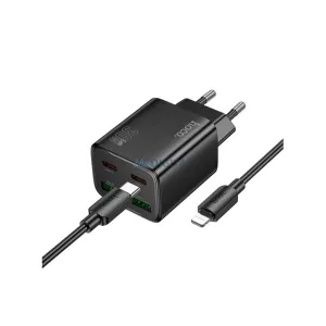 HOCO N56 încărcător de energie 2 USB+2 prize Type-C (30W, GaN, PD încărcător rapid 3.0 + cablu Lightning) NEGRU